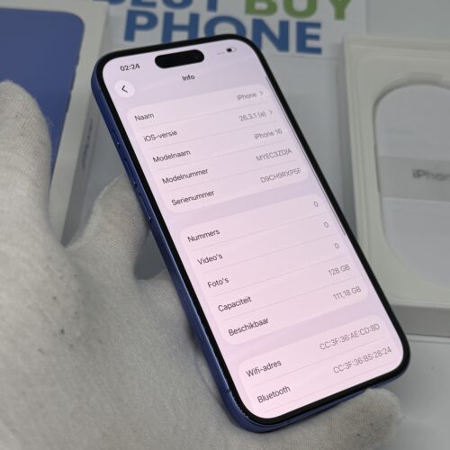 iPhone 16 128GB blauw /krasvrij glas /100% batt /garantie