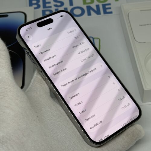 IMG_6004 3 iPhone 14 Pro 128GB zilver /100% batt /krasvrij glas /garantie